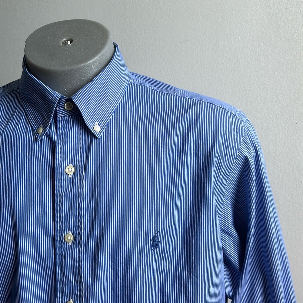 Blue Pinstriped Ralph Lauren Dress Shirt Size 17 Classic Fit .